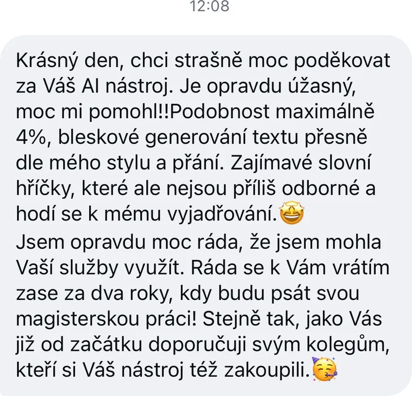 Poděkování uživatelky za AI nástroj s nízkou podobností textu a přislíbením návratu při psaní diplomky