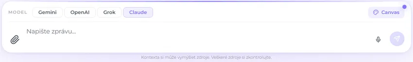 Lišta s výběrem AI modelu Claude a poli pro psaní zprávy a Canvas v rozhraní Kontexty