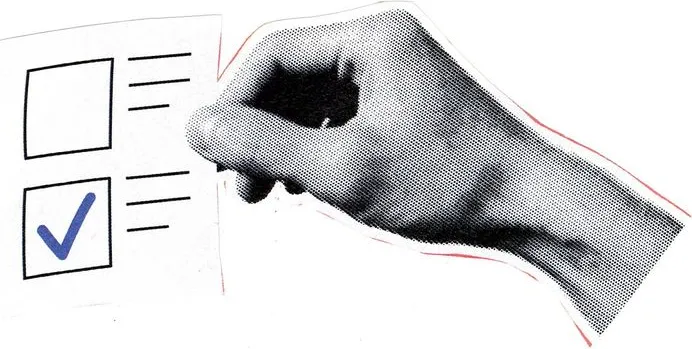 Ruka zaškrtává modrou fajfkou políčko v seznamu, symbol finální kontroly textu