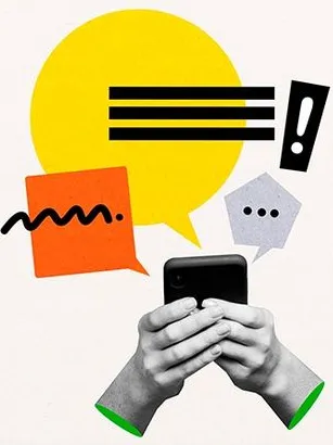 Ruce držící telefon obklopené bublinami s textem symbolizující komunikaci a psaní s AI