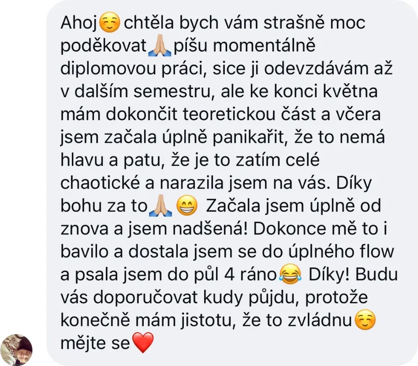 Poděkování studentky Kontextě na Messengeru za pomoc s diplomovou prací
