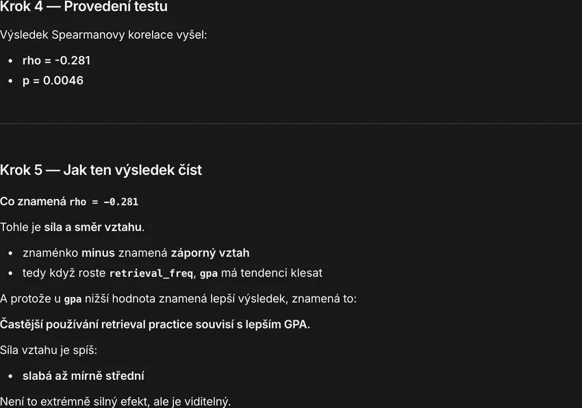 Výpis výsledků Spearmanovy korelace v Julius AI s hodnotami rho a p a jejich interpretací