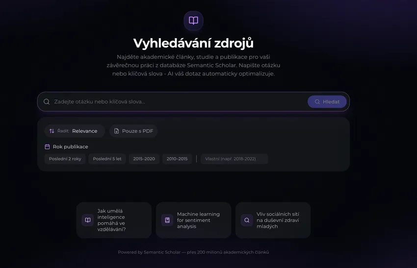 Vyhledávač zdrojů v Kontextě s polem pro zadání dotazu a filtry podle roku publikace napojený na databázi Semantic Scholar