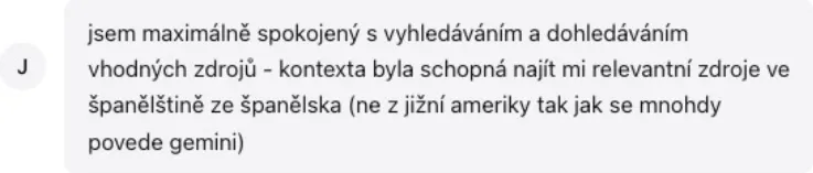 Ukázka zpětné vazby uživatele na spokojenost s vyhledáváním zdrojů v Kontextě ve srovnání s Gemini